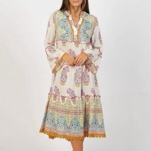 Naudic Paisley Boho Dress Romantic Embroidered Trim Bell Sleeves Size Medium